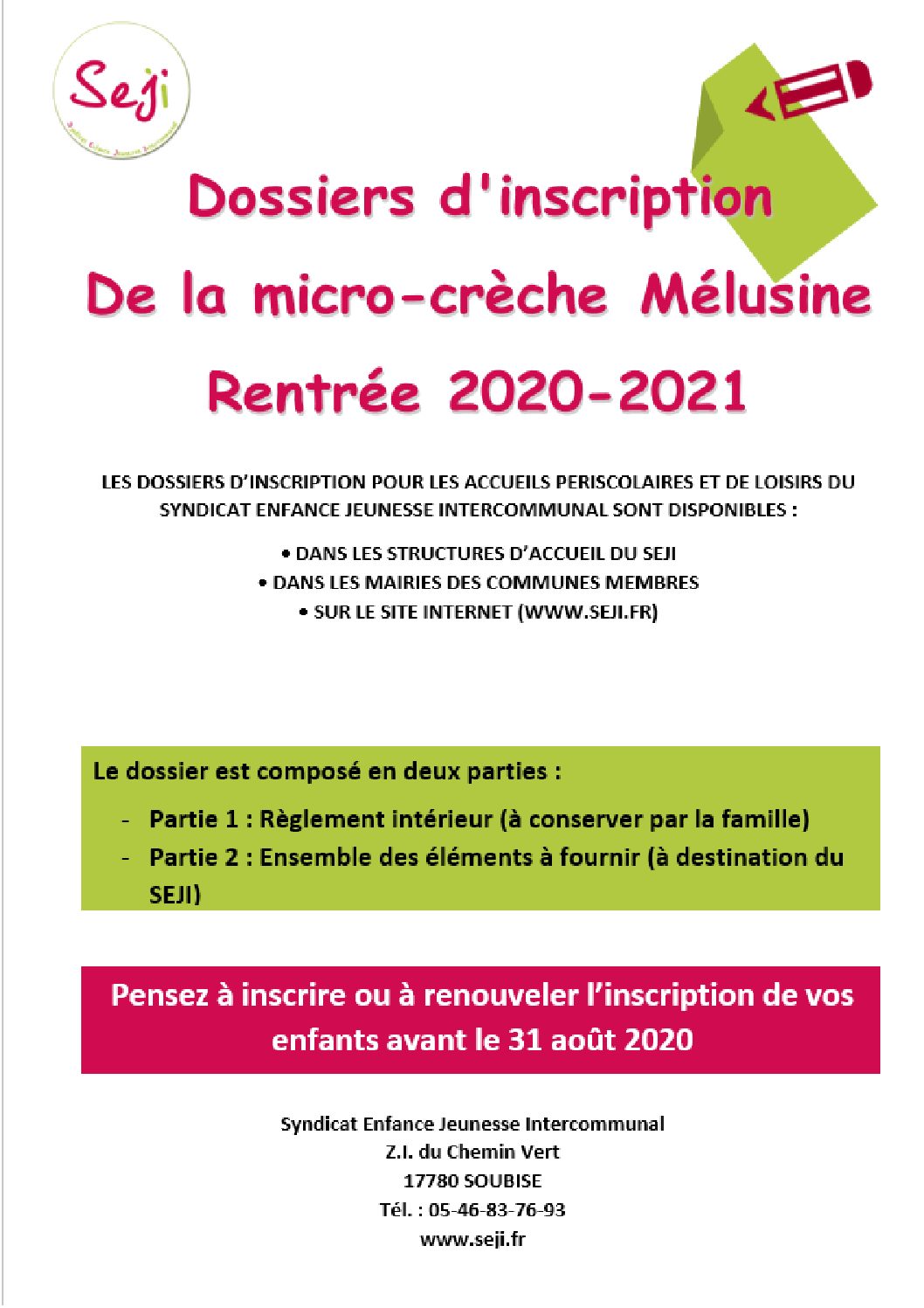 Dossier Inscription Micro Crèche Mélusine 2020 2021 Seji 
