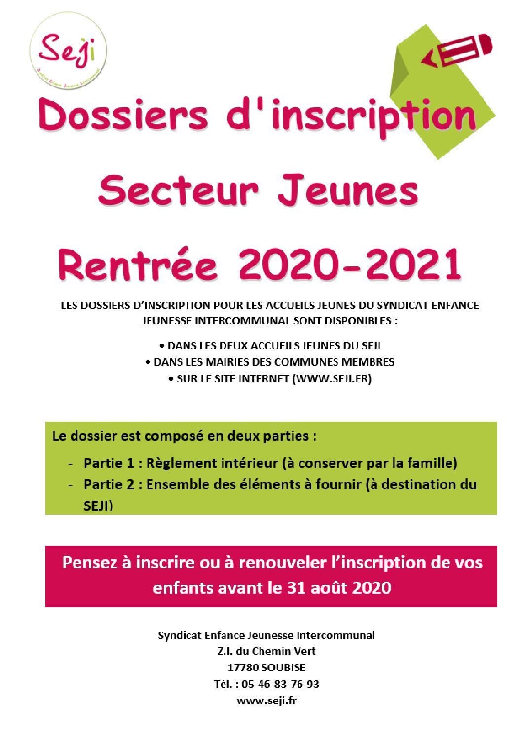 Dossier Inscription Secteur Jeunes 2020 2021 Seji 